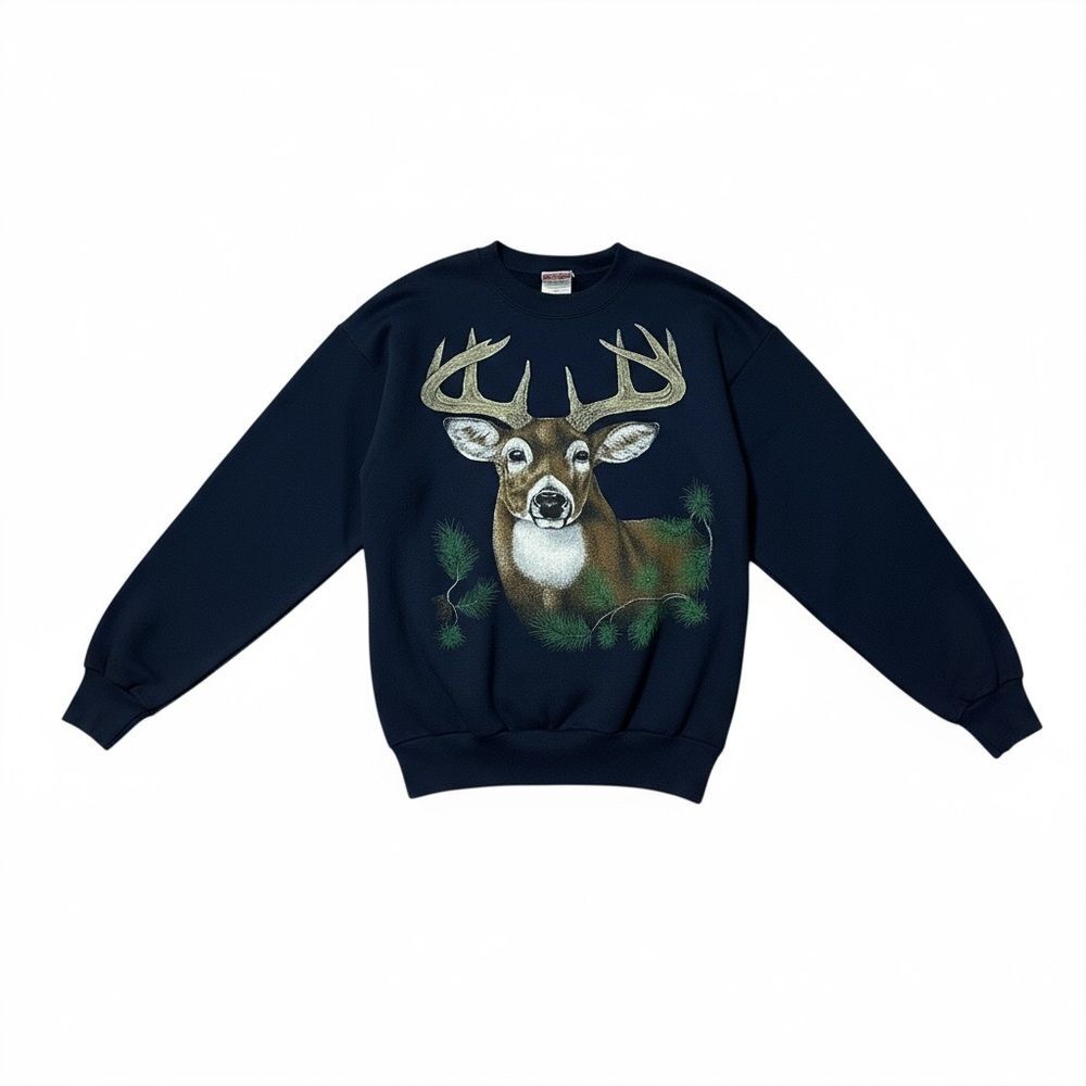Vintage Tultex Deer Sweatshirt XL Made USA Hunting Buck Graphic Crewneck Navy